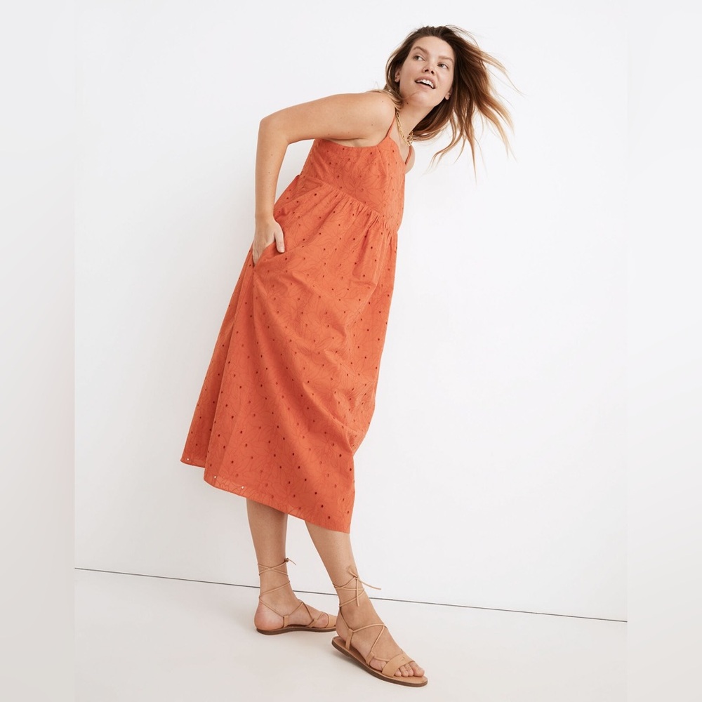 Madewell Eyelet Summertime Cami Midi Dress, Rusted Clay | Sz Large - Picture 3 of 6